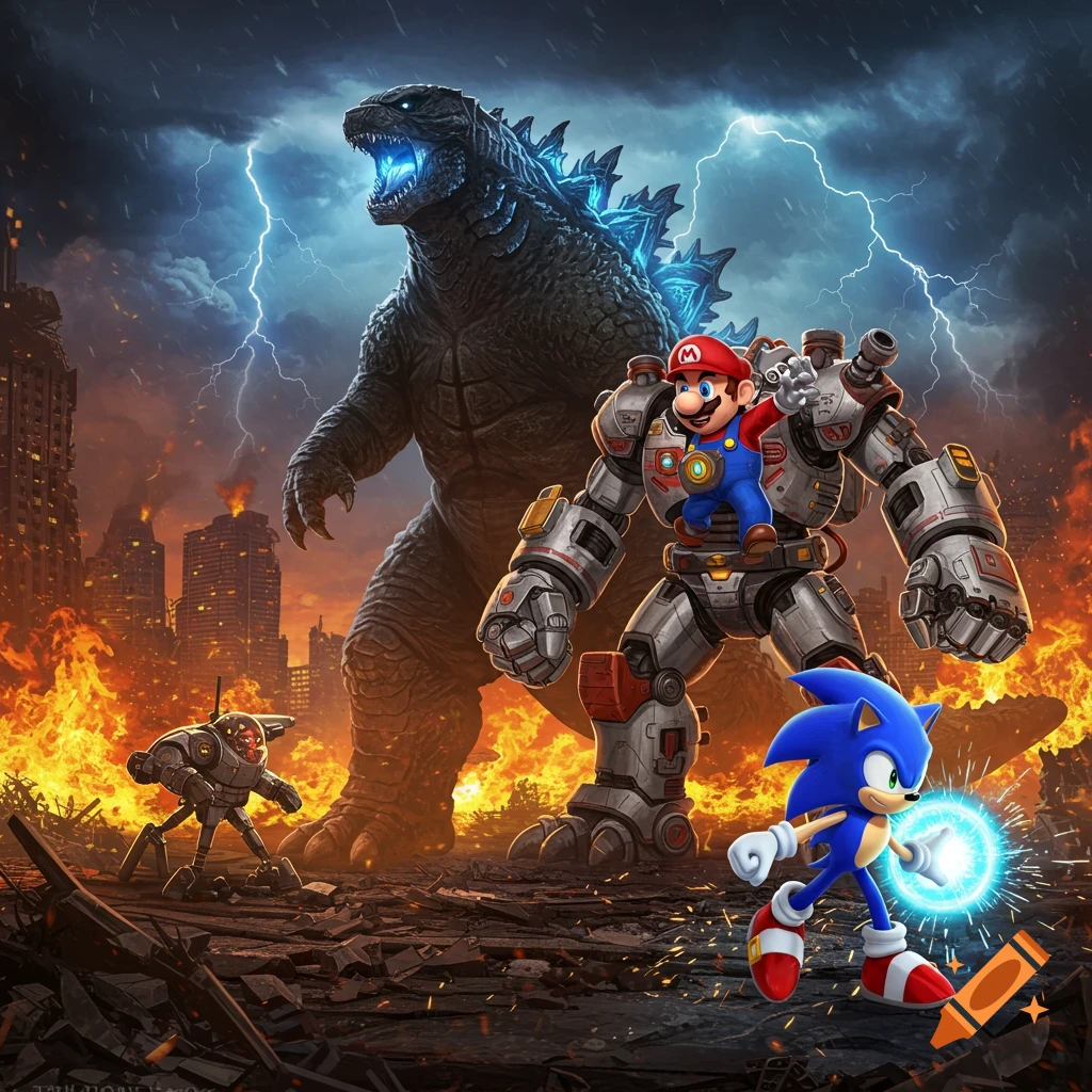 Godzilla roars in a fiery, ruined city with lightning, as Mario pilots a mech suit and Sonic charges an energy ball.