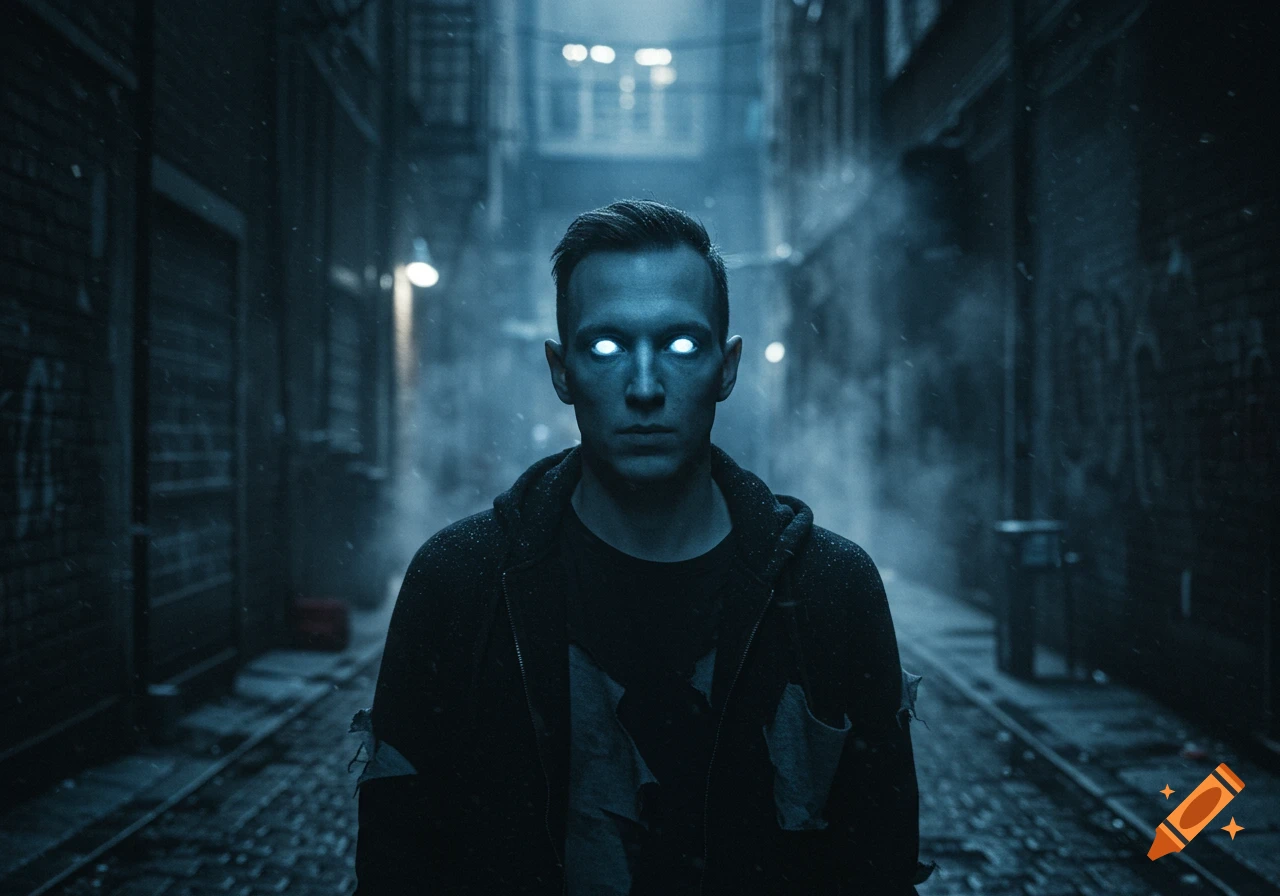 A man with glowing white eyes stands in a dark, atmospheric alley, possibly in rain or snow, with a blue-gray color palette.