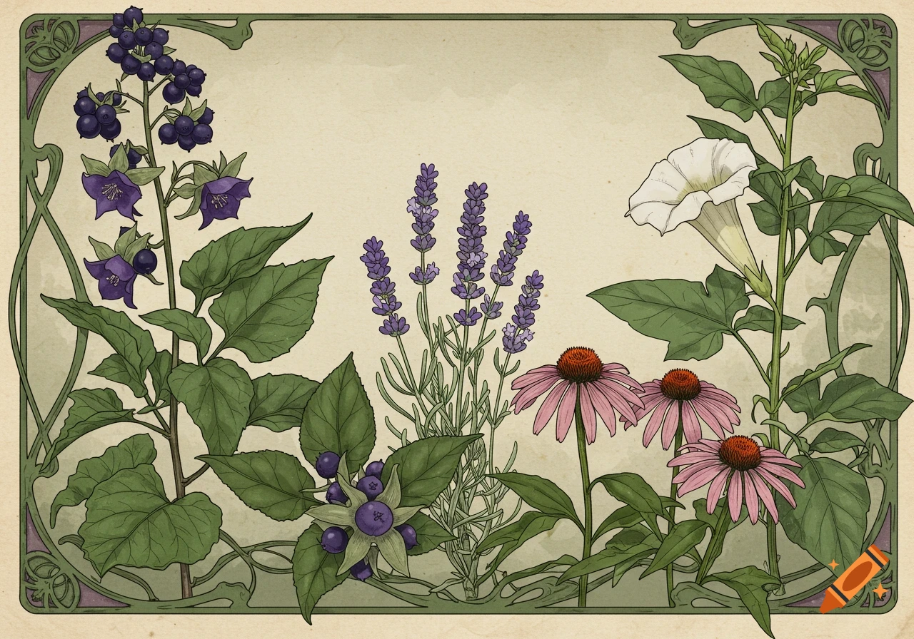 Art Nouveau style botanical illustration featuring belladonna, lavender, echinacea, and datura plants within an ornate border.