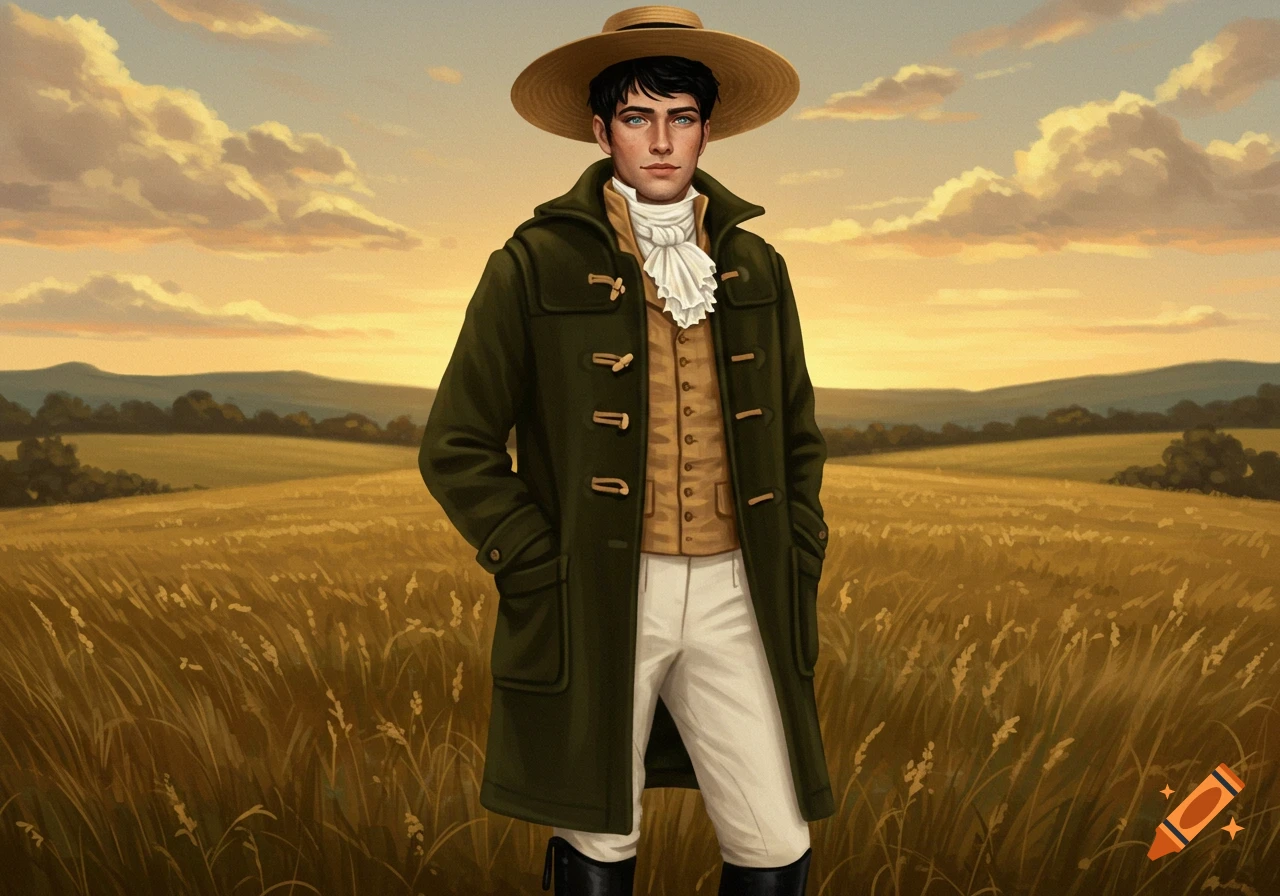 A man in a green duffle coat, white breeches, and straw hat stands in a golden field at sunset.