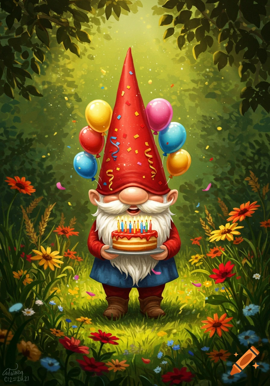 A cheerful gnome holds a birthday cake with candles, surrounded by colorful balloons, confetti, and flowers in a vibrant, sunny forest.