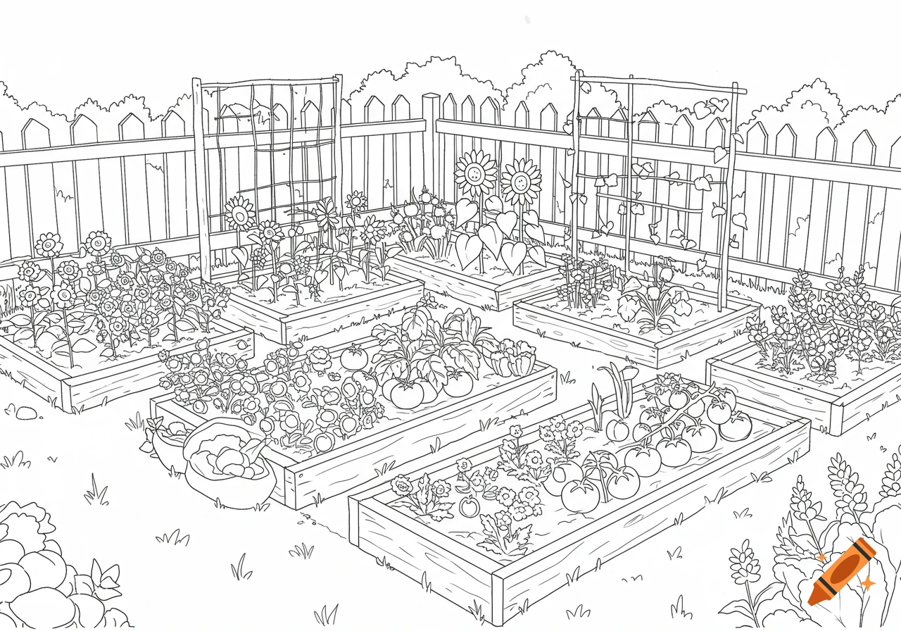 A black and white coloring book illustration of a backyard garden with raised beds filled with flowers and vegetables, a fence in the background.