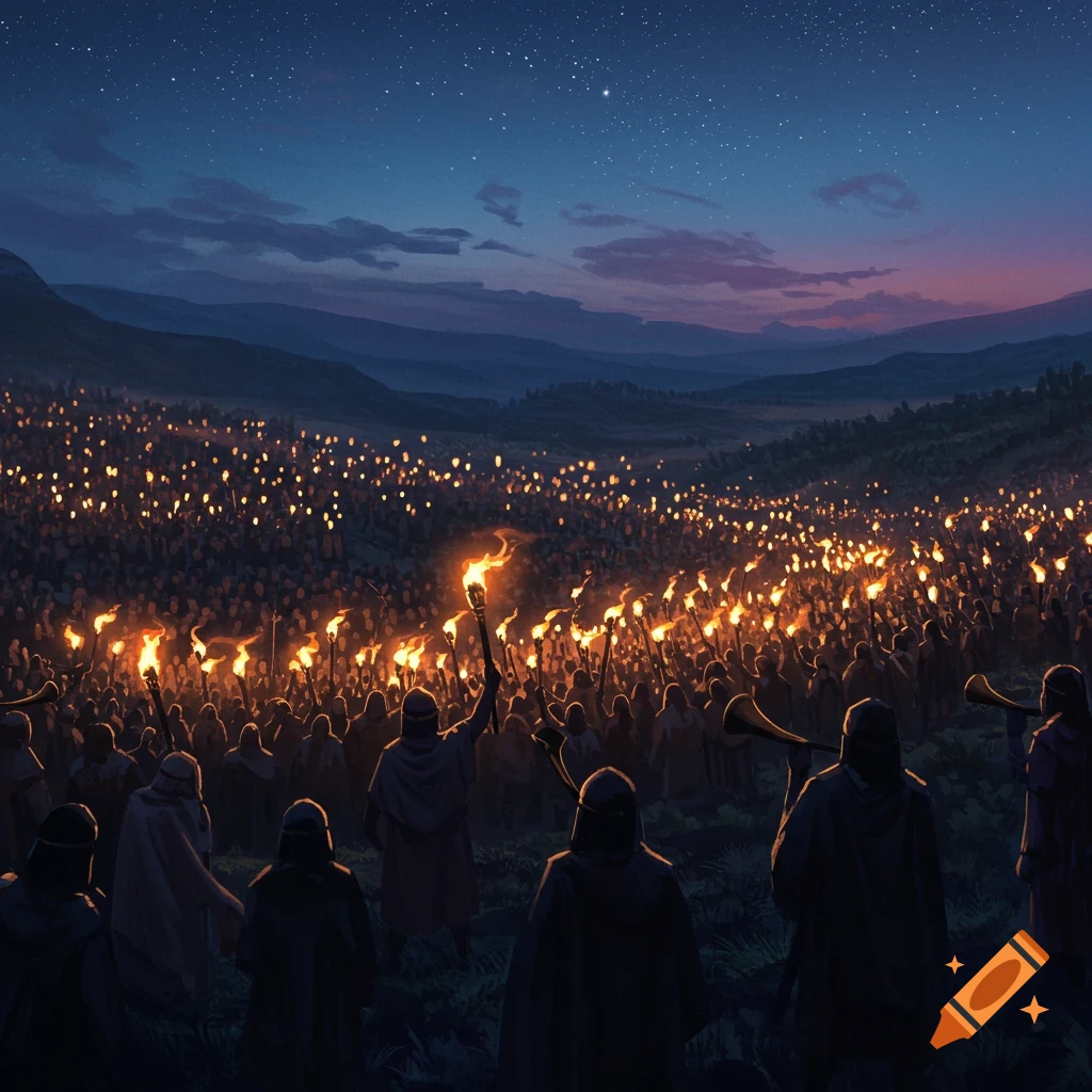 A vast crowd of people holding lit torches and blowing horns gathered in a dark, hilly landscape under a starry night sky.
