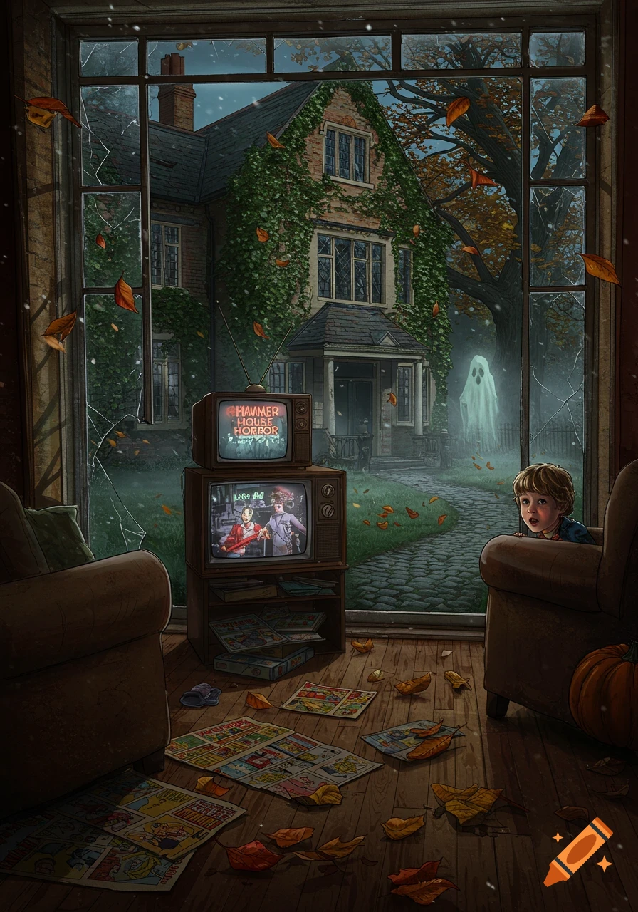 A young child watches a ghostly figure outside a window, with vintage TVs playing horror content and comic books scattered on the floor inside a room during autumn.