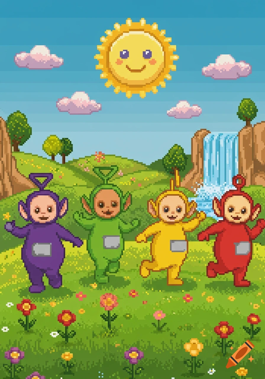 Pixel art of four Teletubbies (purple, green, yellow, red) standing on a grassy hill with flowers under a smiling sun and waterfall.