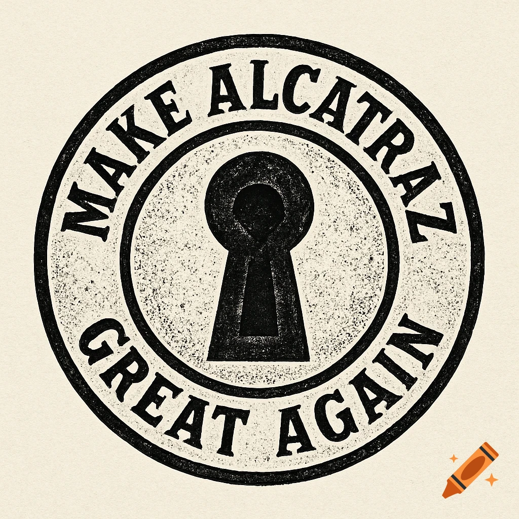 A circular black and white logo with a gritty texture featuring a keyhole in the center and the text 'MAKE ALCATRAZ GREAT AGAIN' around the edge.