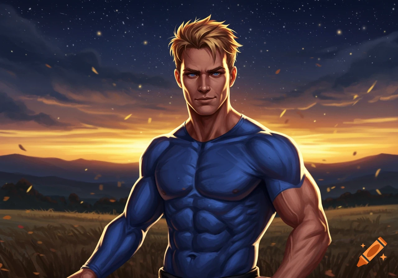 A muscular blond man in a blue shirt stands in a field at sunset under a starry sky in a heroic art style.