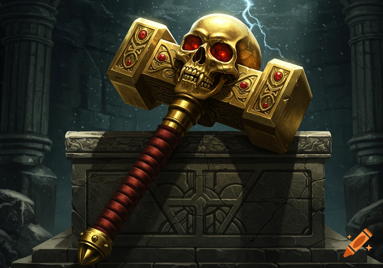 A detailed golden hammer with a skull head and glowing red eyes rests on a stone altar in a dark, ruinous setting with lightning.