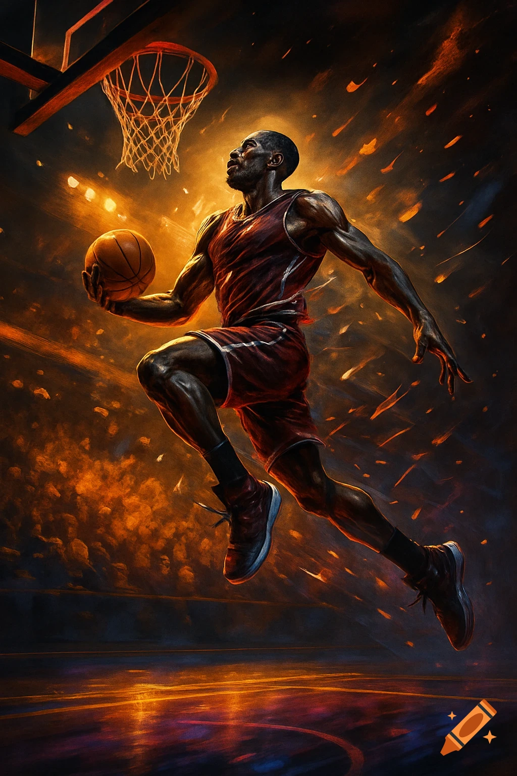 A male basketball player in a red uniform leaps towards a hoop with a basketball, set against a dynamic, fiery background.