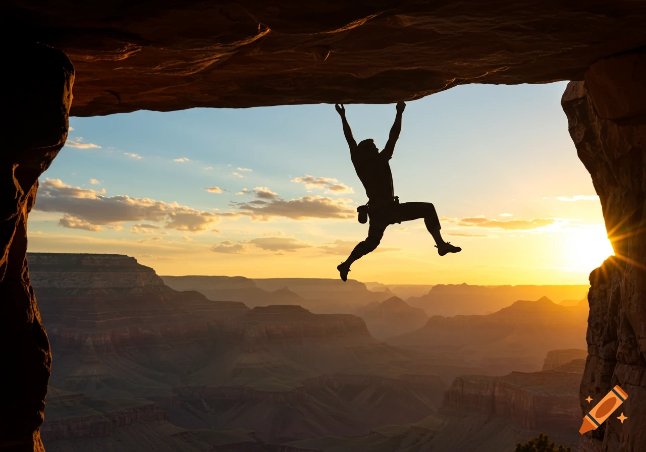 Silhouette of a rock climber hanging from a cliff overhang above a vast canyon landscape at sunset.