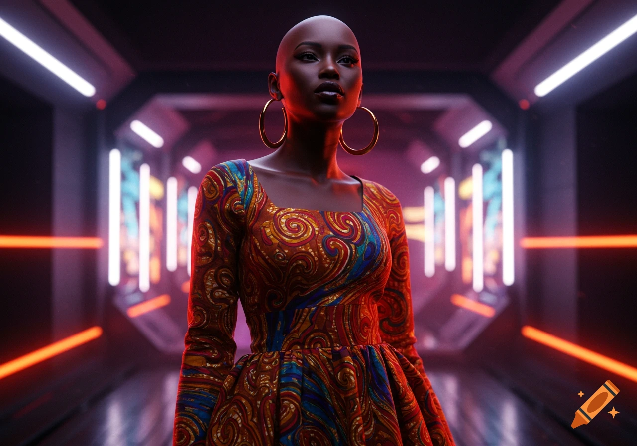 Bald African lady wearing a colorful African print dress and gold hoops, standing in a dark futuristic hallway with neon lights.
