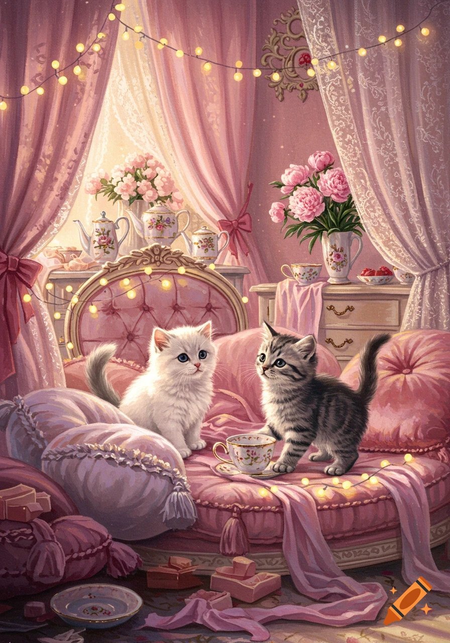 Two cute kittens sit on a pink bed surrounded by soft pillows, fairy lights, and flowers in a coquette-style room.