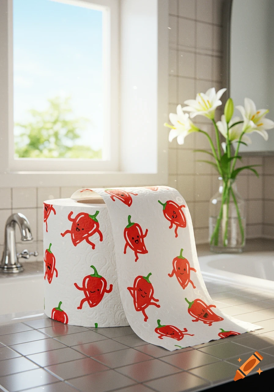 A roll of toilet paper patterned with cartoon red chili peppers on a tiled bathroom  counter. A sink and white lilies are in the sunny background. on Craiyon, image size:896x1280