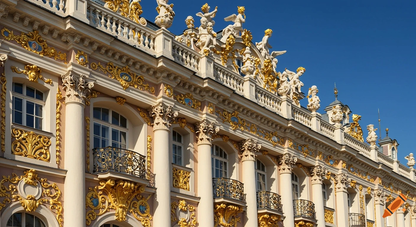 Ornate baroque building facade with gold decorations under a clear blue sky, photorealistic.