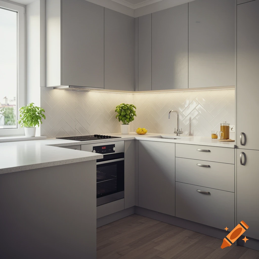 A modern L-shaped kitchen with light gray cabinets, white countertops, built-in appliances, and potted plants near a bright window.