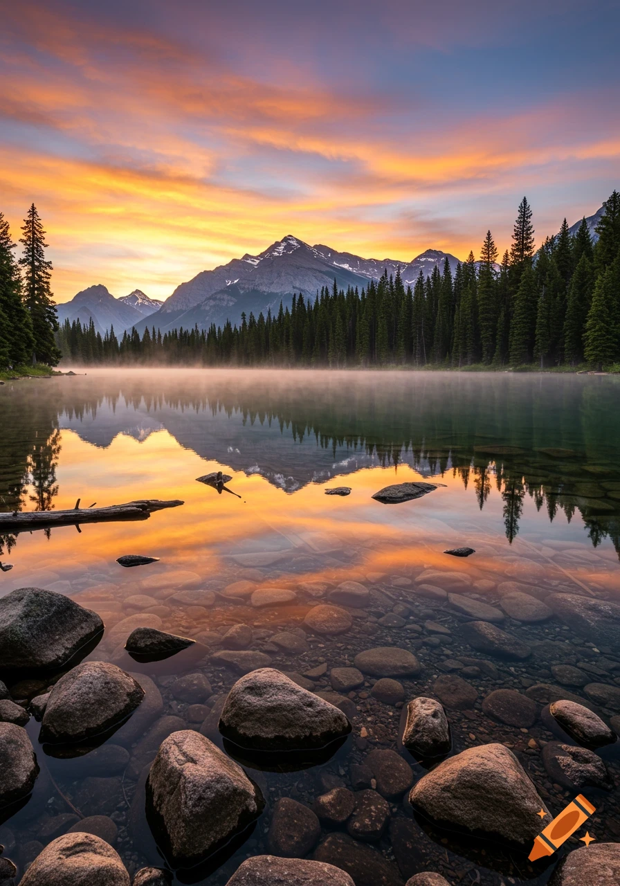 Misty mountain lake at sunrise, reflecting a vibrant orange and yellow sky, surrounded by pine forests.