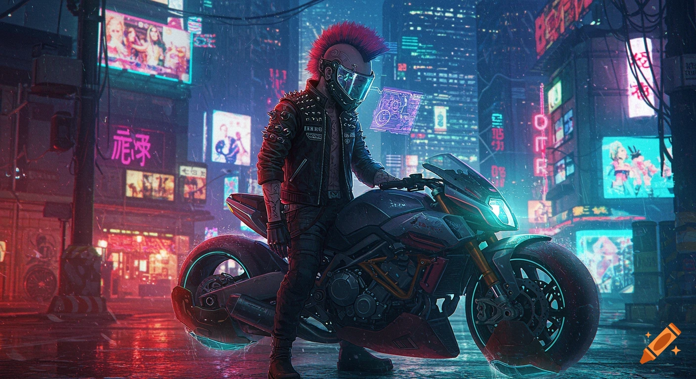 A punk biker in a helmet and studded jacket stands next to a futuristic motorcycle in a neon-lit cyberpunk city at night.