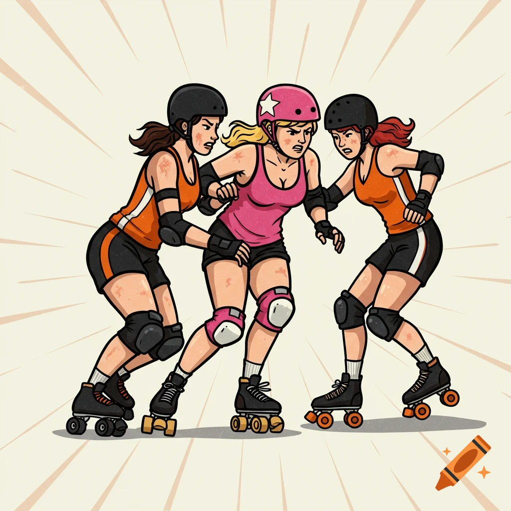 A bold, vintage-style digital illustration depicts three female roller derby skaters in action, pushing through each other with powerful body language.