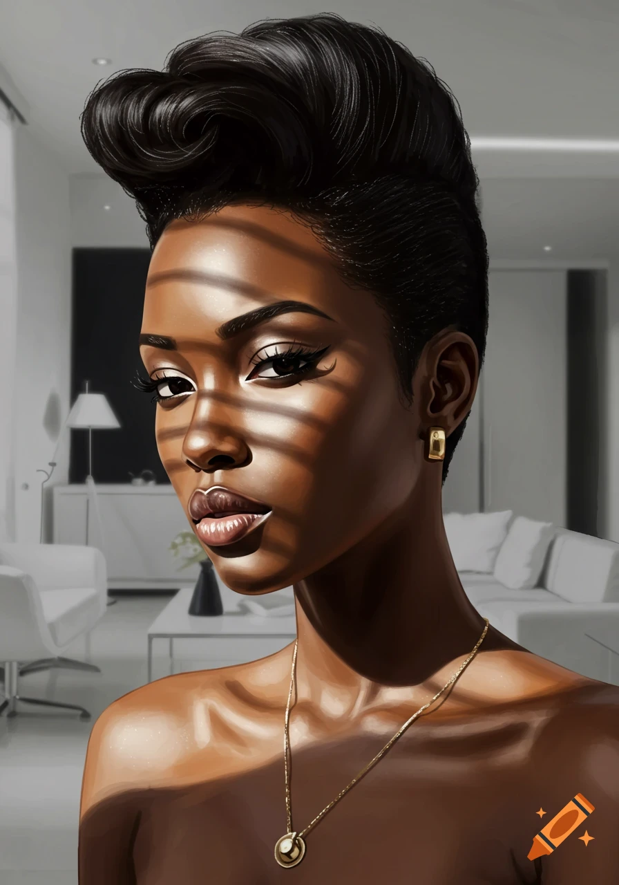 Stylized portrait of a Black woman with a high pompadour, lit by window blind shadows, wearing gold jewelry.