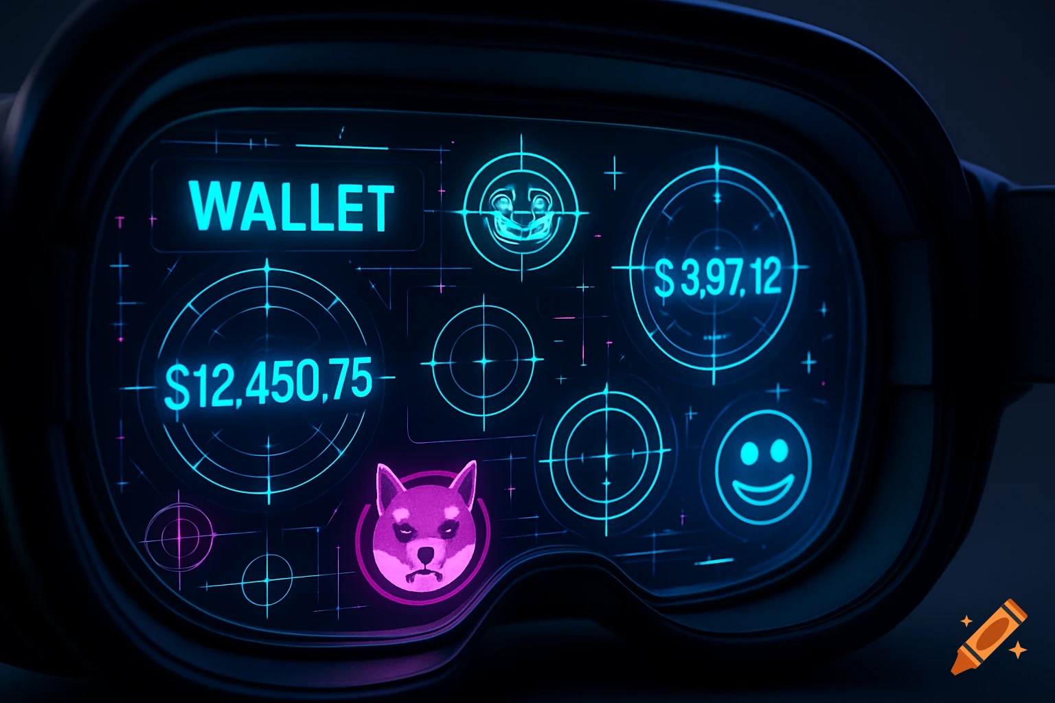 A close-up of a futuristic VR headset's neon-lit display showing a digital wallet with financial balances and a Shiba Inu dog logo.
