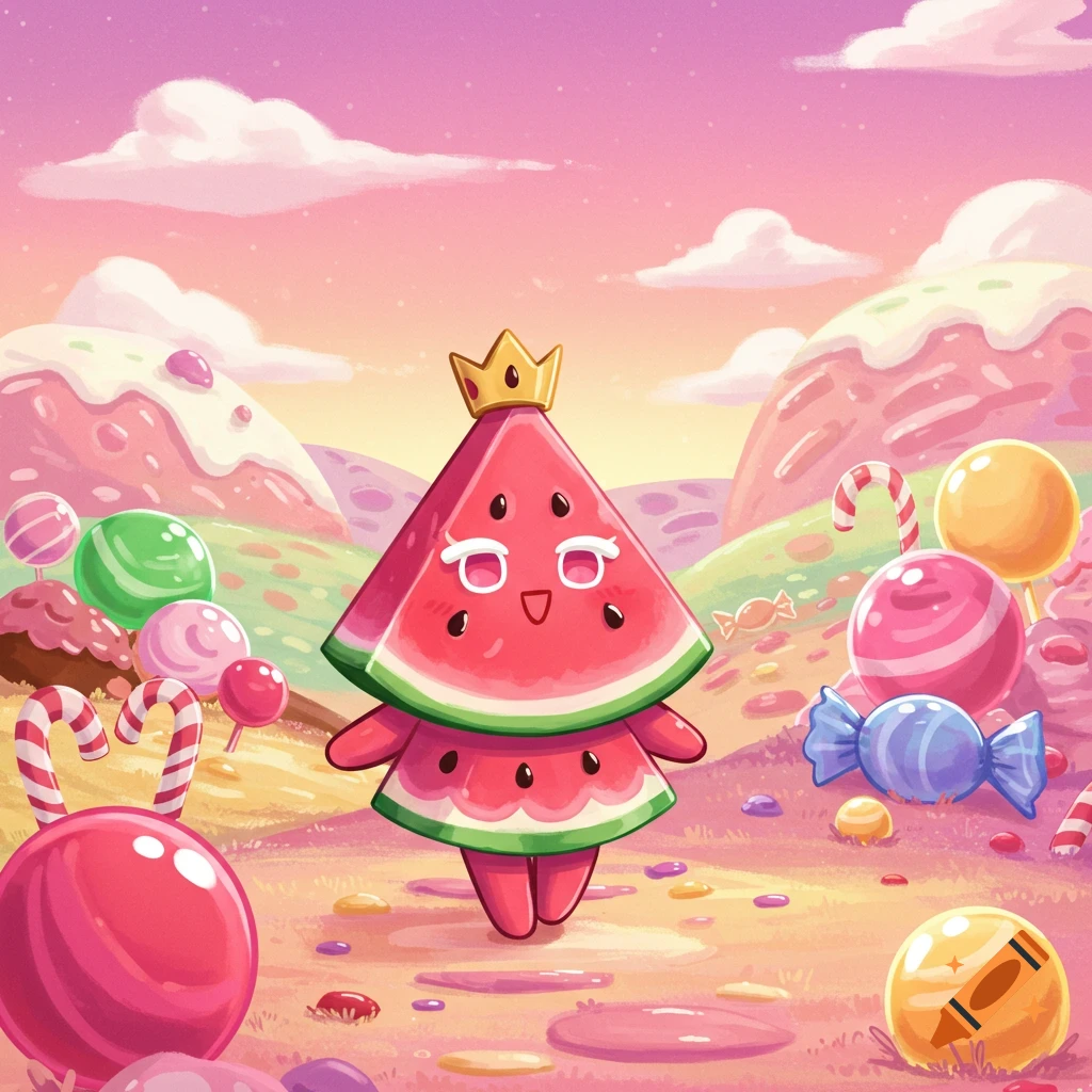 A cute, crowned watermelon character stands in a vibrant cartoon candy landscape.