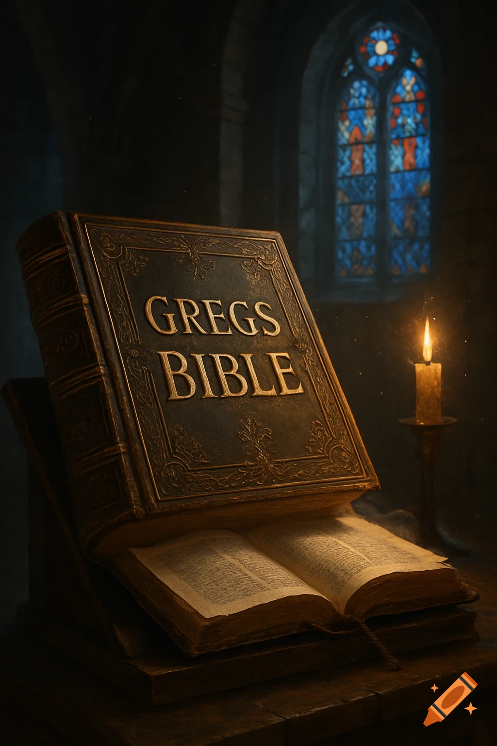 A large, ornate book titled 'GREGS BIBLE' on a stand in a dimly lit room with a stained glass window and a lit candle.