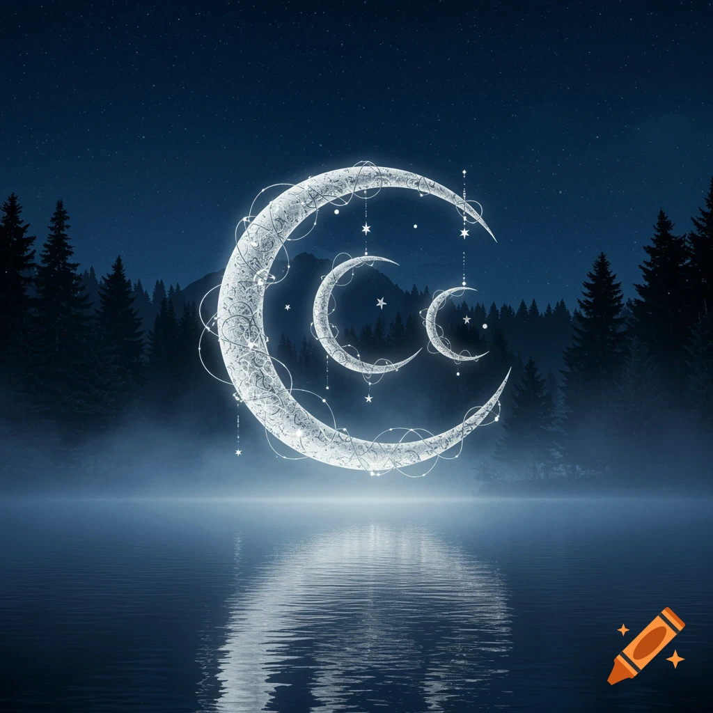 Decorative crescent moons glowing over a misty forest lake under a starry night sky.