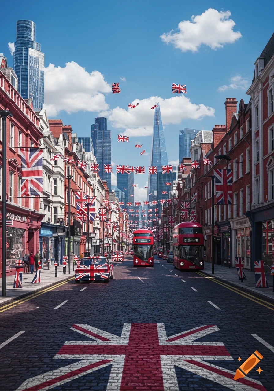 A vibrant London street adorned with numerous Union Jack flags, with red double-decker buses and skyscrapers under a blue sky.