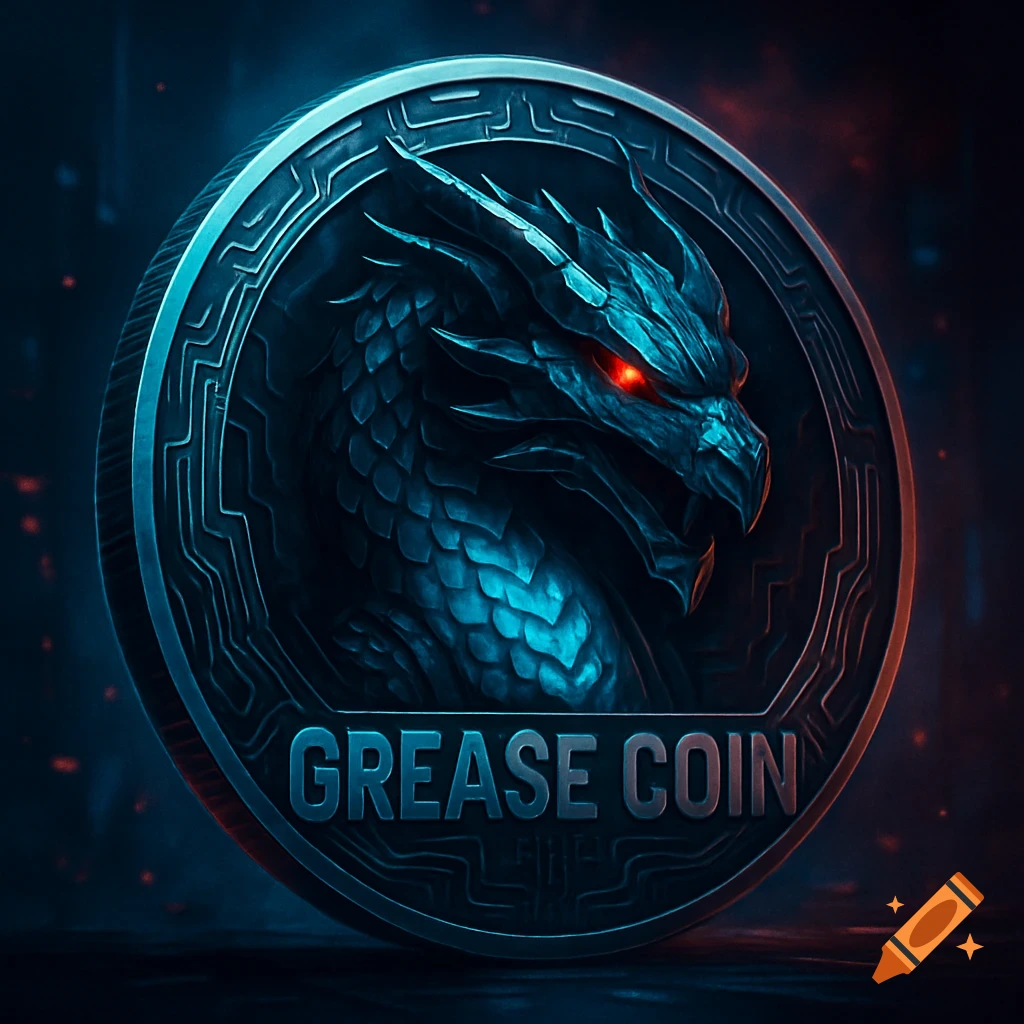 A dark blue metallic coin with a detailed cyberpunk dragon head with glowing red eyes, and the words GREASE COIN.
