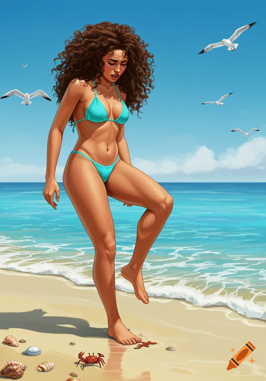 An illustration of a woman in a turquoise bikini wincing in pain as she steps on something in the sand at a sunny beach.