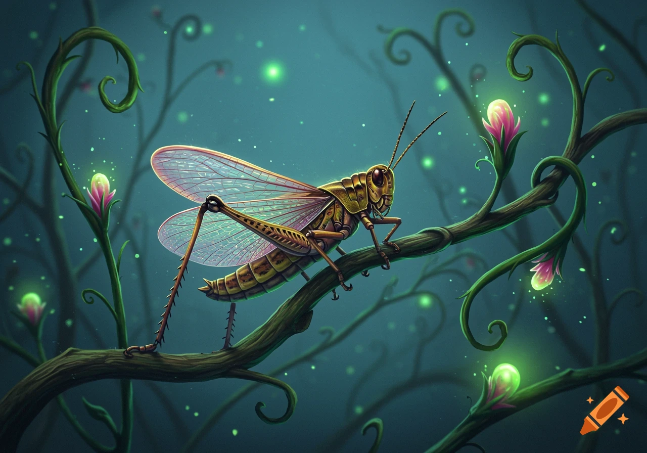 A detailed grasshopper with translucent wings on a swirling green vine with glowing pink and green flowers and lights, against a dark, dreamlike background.
