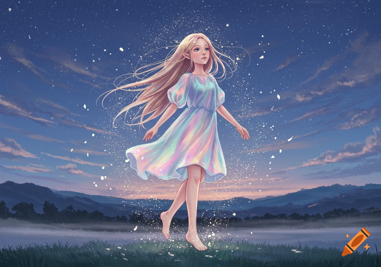 An ethereal elf-like girl with long blonde hair and pointed ears levitates over a grassy field at sunset, surrounded by sparkling particles.