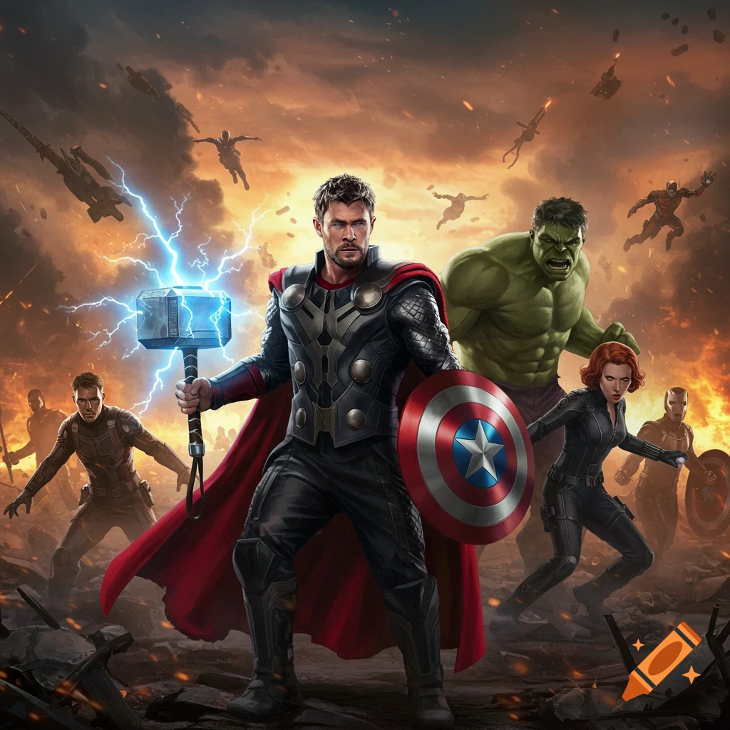 A group of Avengers superheroes including Thor, Hulk, Captain America, and Black Widow stand ready for battle amidst an explosive backdrop.