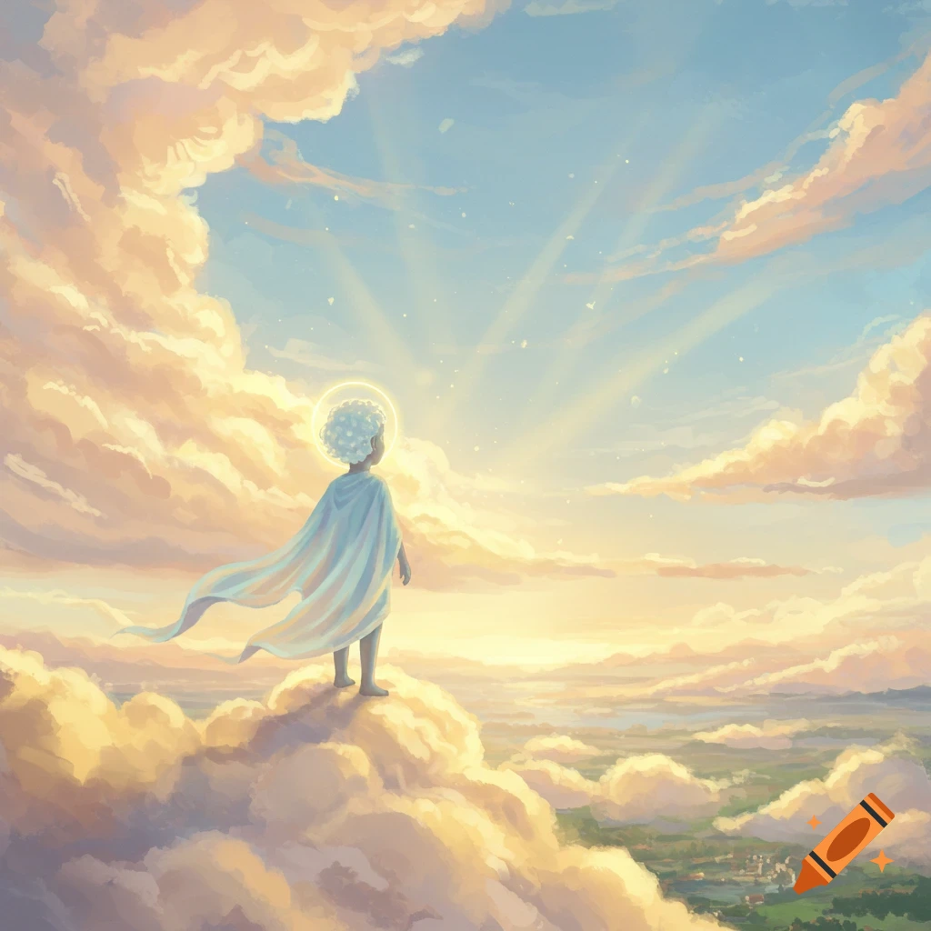 An ethereal illustration of a child-like figure with a halo and cape standing on golden clouds, looking towards a bright, sunlit sky.