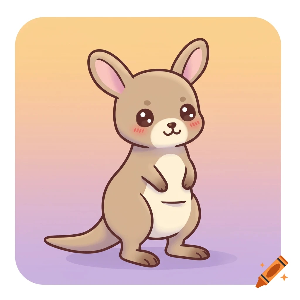 A cute cartoon kangaroo with large eyes and rosy cheeks, standing on its hind legs against an orange and purple gradient background.