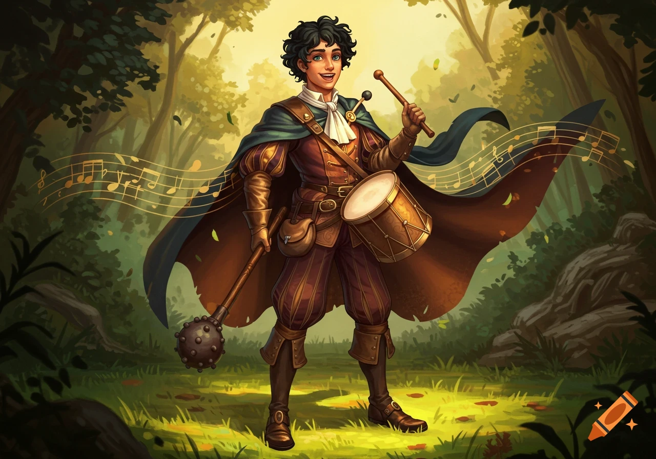 A young male bard in medieval attire, playing a drum and holding a club, stands in a sunlit forest with musical notes.