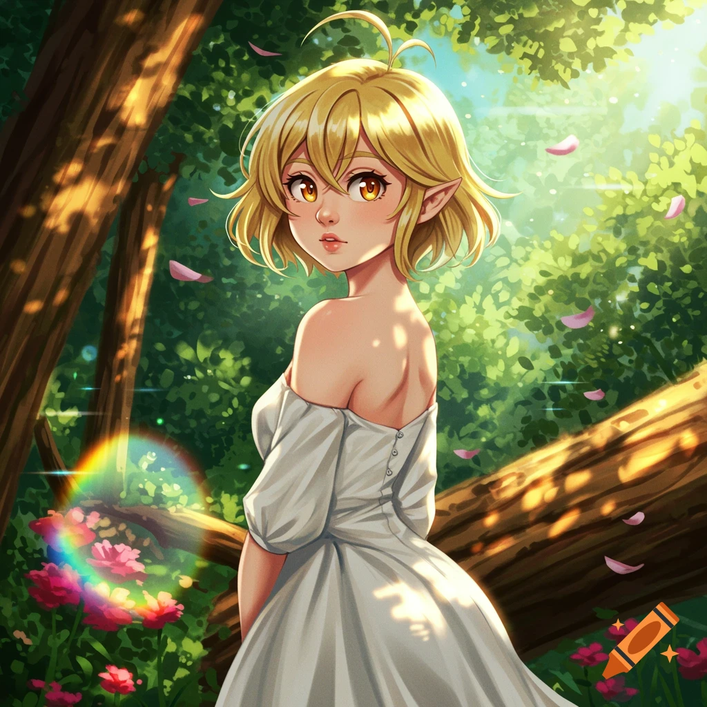 A blonde short-haired anime fairy in a white off-shoulder dress looks back over her shoulder in a sun-dappled forest.