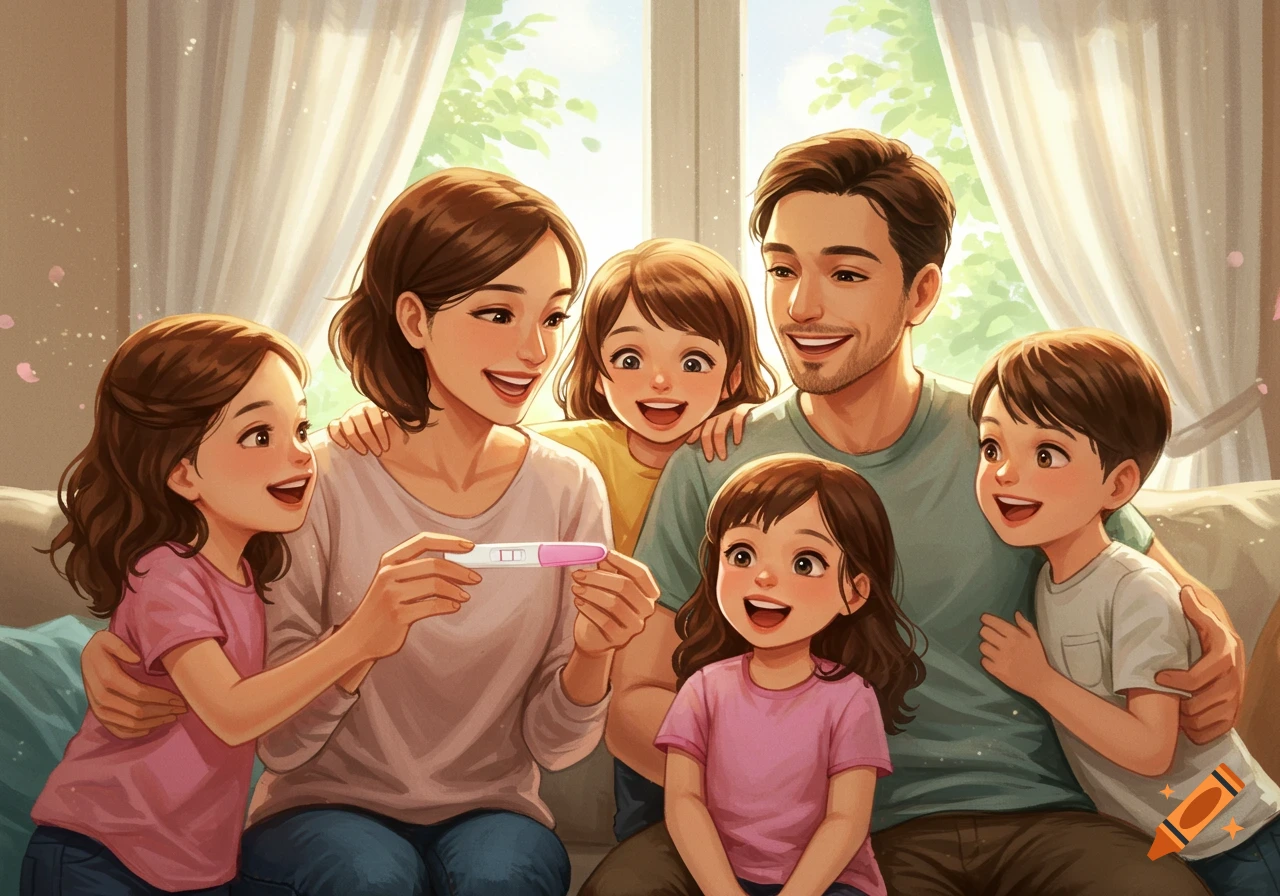 A happy family of five, including parents and three children, celebrates looking at a positive pregnancy test, in a vibrant illustration style.