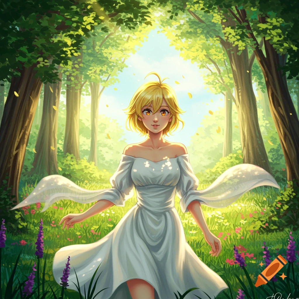 A blonde anime girl with orange eyes in a white off-shoulder dress stands in a vibrant sunlit forest.