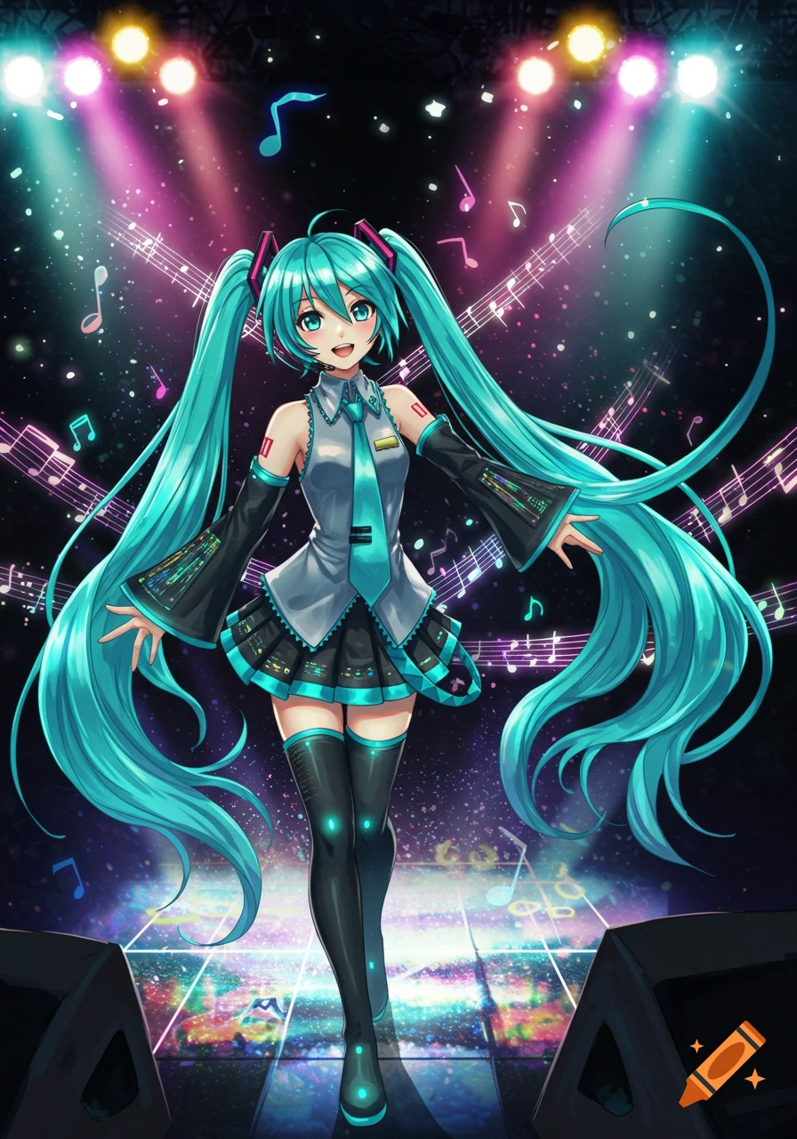 An anime character with long turquoise pigtails, Hatsune Miku, smiles while standing on a stage illuminated by colorful spotlights, surrounded by musical notes.