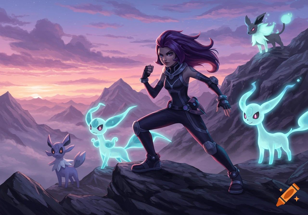 A purple-haired Pokemon trainer stands on a mountain with several Eevee-like Pokemon glowing around her against a sunset sky.