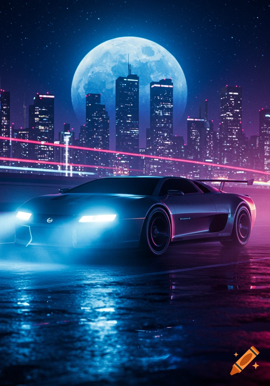 A sleek, glowing car drives on a wet road in a futuristic neon cityscape at night under a large full moon, in a synthwave style.