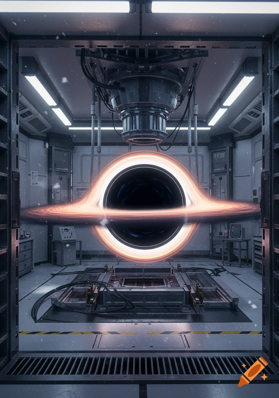 A futuristic black hole experiment with an accretion disk floating in a sterile science laboratory.