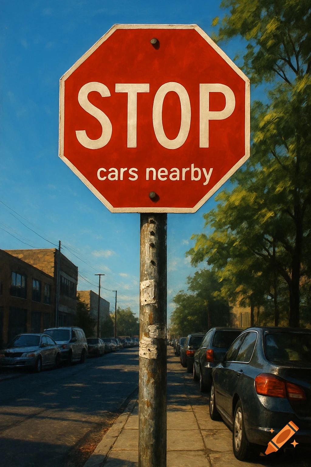 A stop sign with 'STOP cars nearby' on a city street with parked cars and trees under a clear blue sky, in a painterly style.