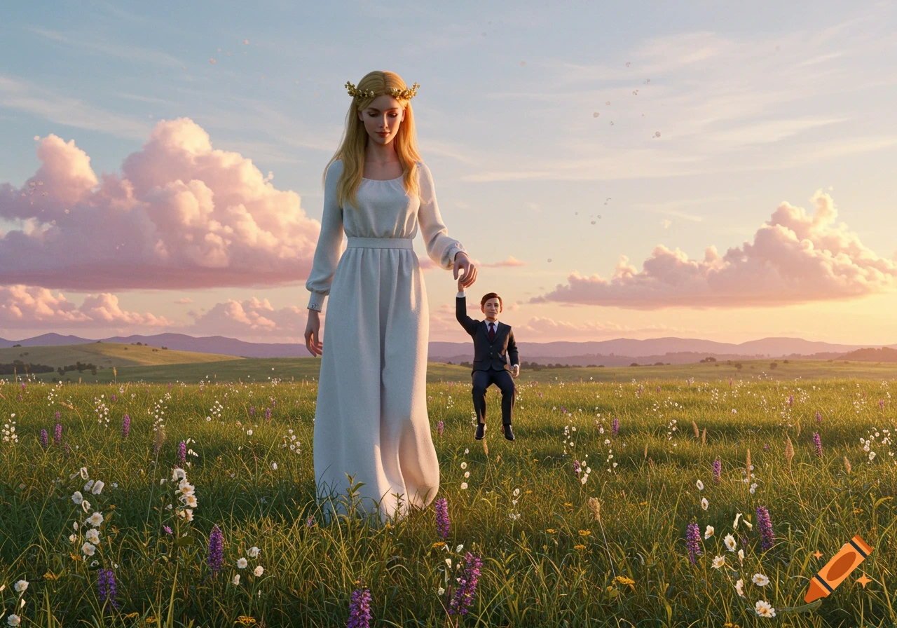 A giant woman in a white dress holds the hand of a miniature man in a suit, floating in a sunny, flower-filled field at sunset.