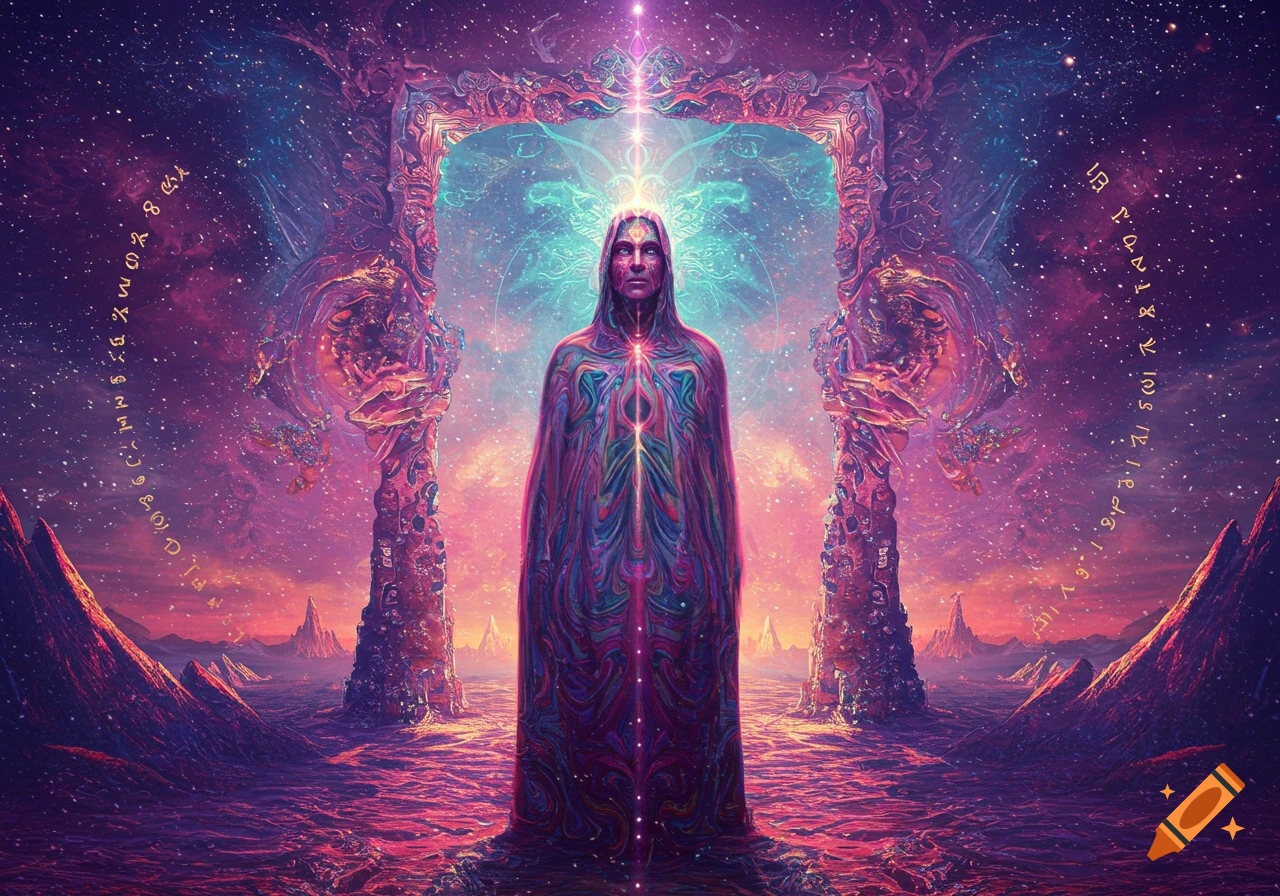 A robed figure stands in a vibrant, psychedelic cosmic landscape with a glowing portal behind them.