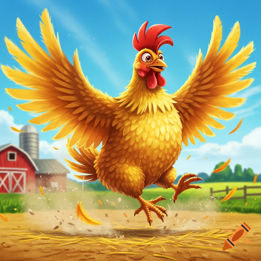 A vibrant cartoon chicken with wide-spread wings runs excitedly across a dirt farmyard, kicking up dust and feathers, with a red barn and silo in the background.