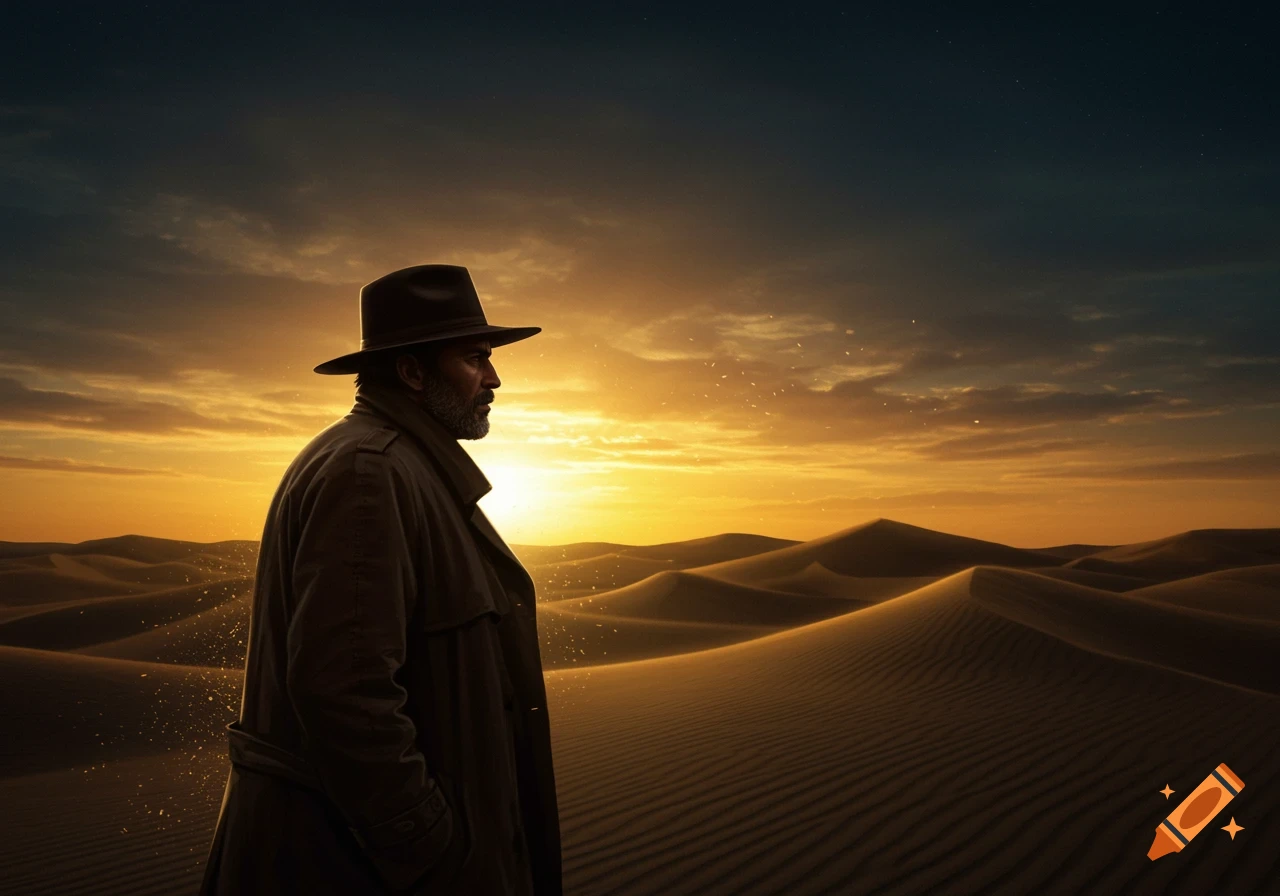 A man in a trench coat and fedora stands in a vast desert landscape at sunset, looking out over sand dunes under a golden sky.