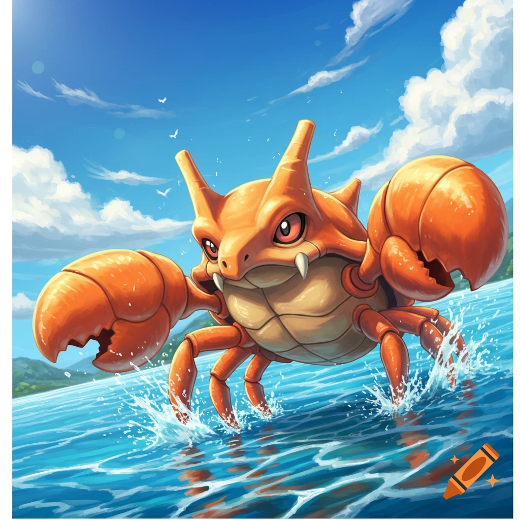 An orange Kingler Pokémon with large claws splashes in blue water under a bright blue sky with white clouds.
