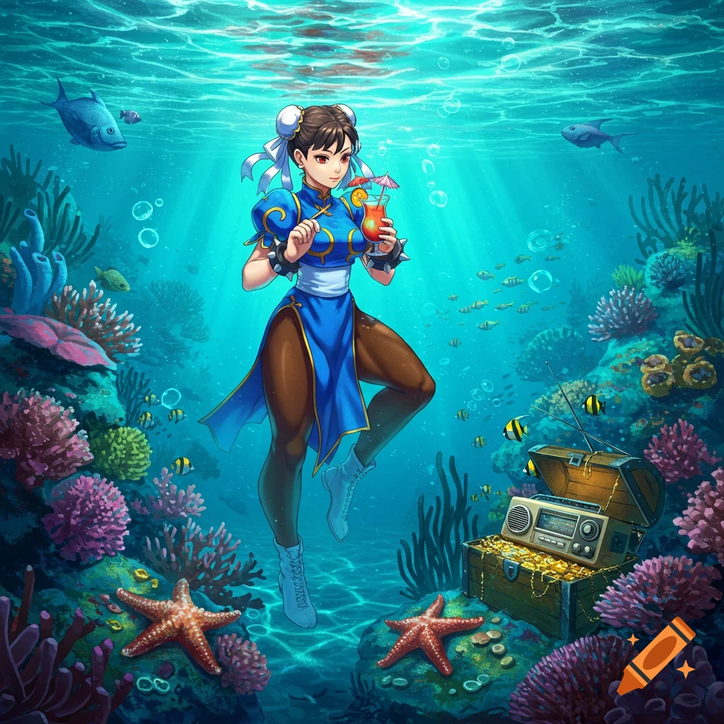 Chun-Li in a blue dress floats underwater with a tropical drink, surrounded by coral reefs, fish, and a treasure chest.